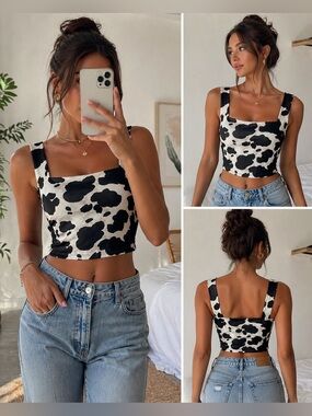 Alter’d State Cow Print Crop Top Black White Size Small Trendy Western